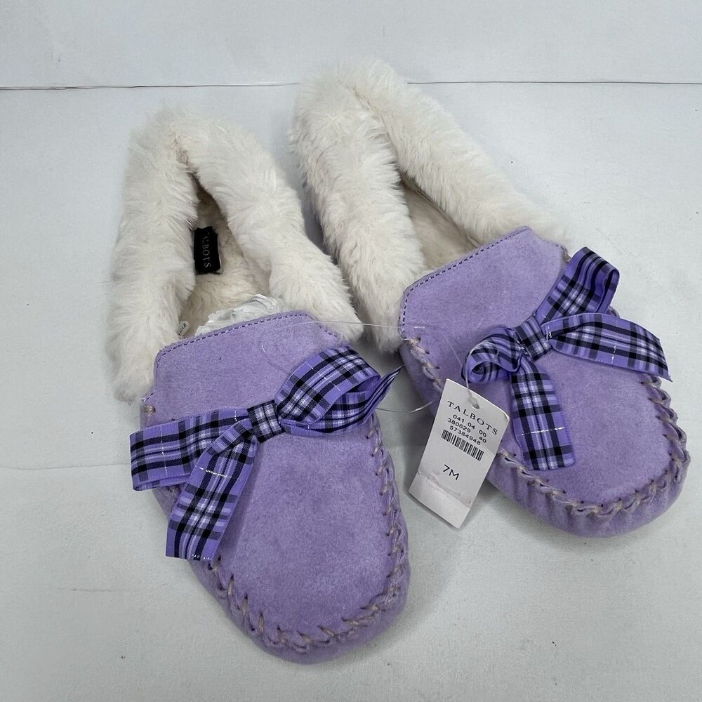 Talbots Purple Suede Faux White Fur Lined Slipper Moccasins Women’s Size 7 M